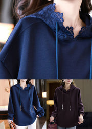 Loose Navy Hooded Pockets Lace Cotton Sweatshirt Fall