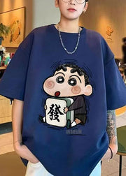 Loose Navy O Neck Cartoon Print Cotton Mens T Shirts Summer