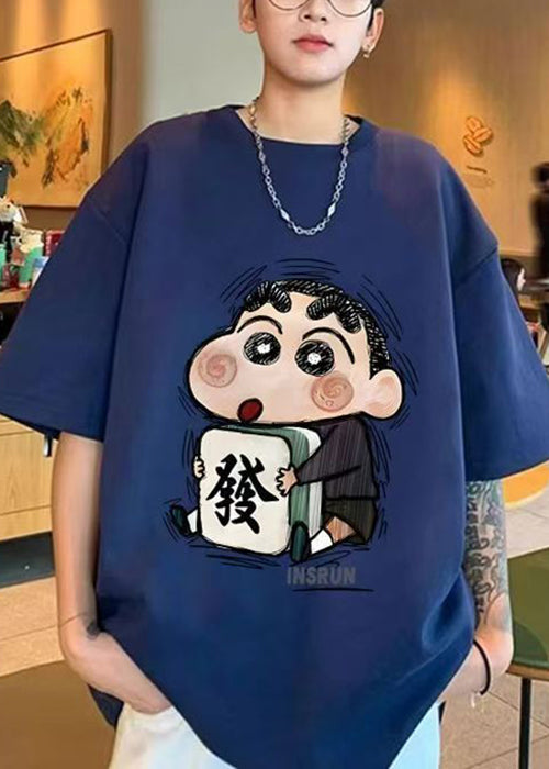 Loose Navy O Neck Cartoon Print Cotton Mens T Shirts Summer