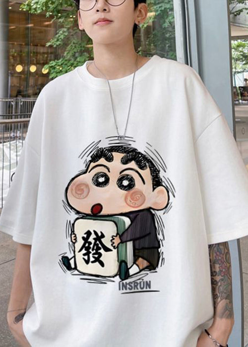 Loose Navy O Neck Cartoon Print Cotton Mens T Shirts Summer