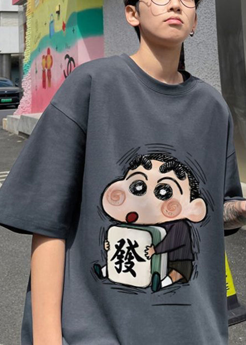 Loose Navy O Neck Cartoon Print Cotton Mens T Shirts Summer