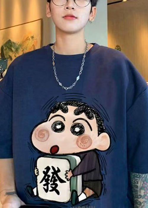 Loose Navy O Neck Cartoon Print Cotton Mens T Shirts Summer