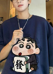 Loose Navy O Neck Cartoon Print Cotton Mens T Shirts Summer