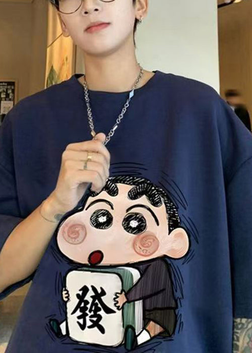 Loose Navy O Neck Cartoon Print Cotton Mens T Shirts Summer