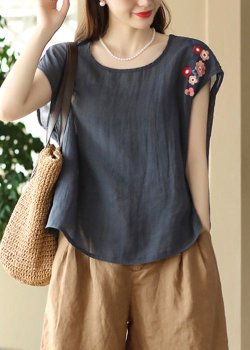 Loose Navy O Neck Embroidered Linen T Shirts Summer
