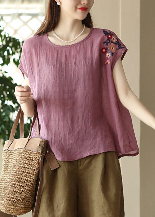 Loose Navy O Neck Embroidered Linen T Shirts Summer