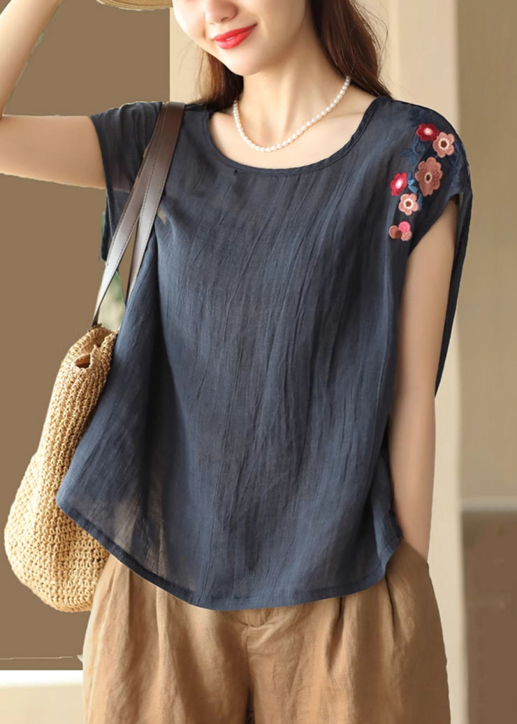Loose Navy O Neck Embroidered Linen T Shirts Summer