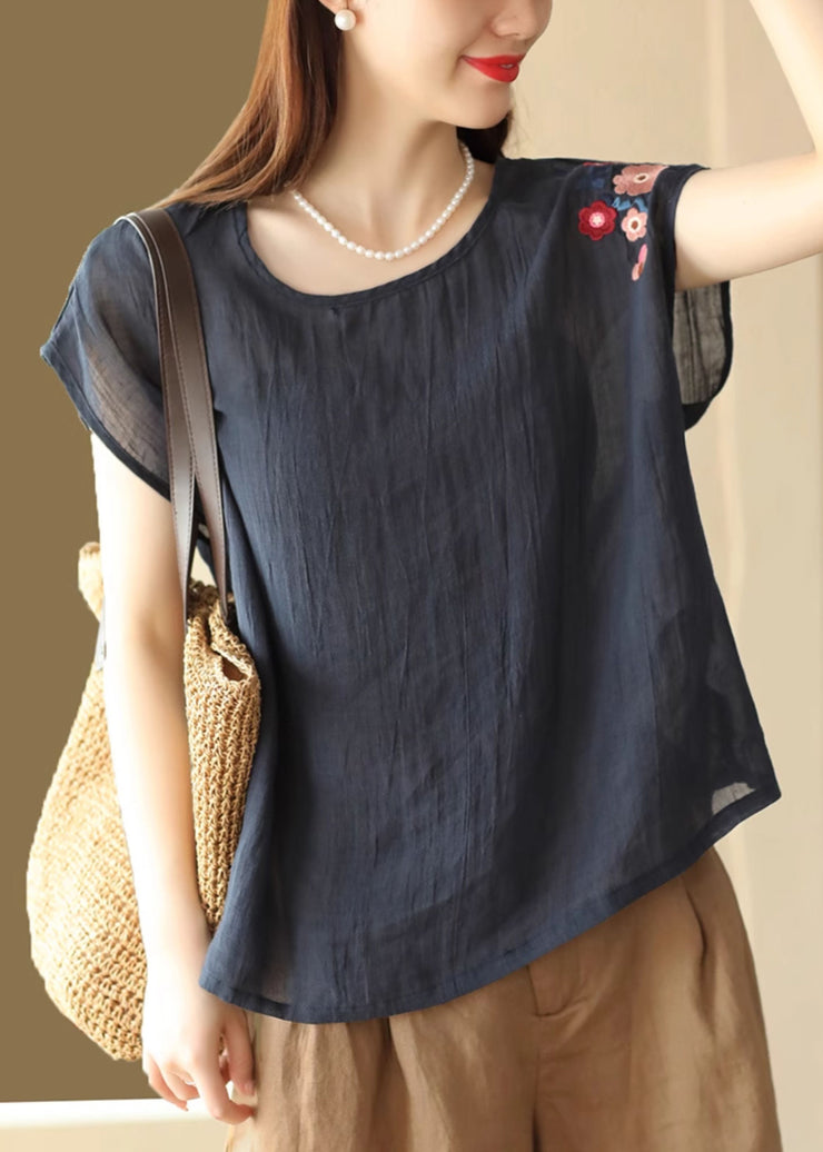 Loose Navy O Neck Embroidered Linen T Shirts Summer