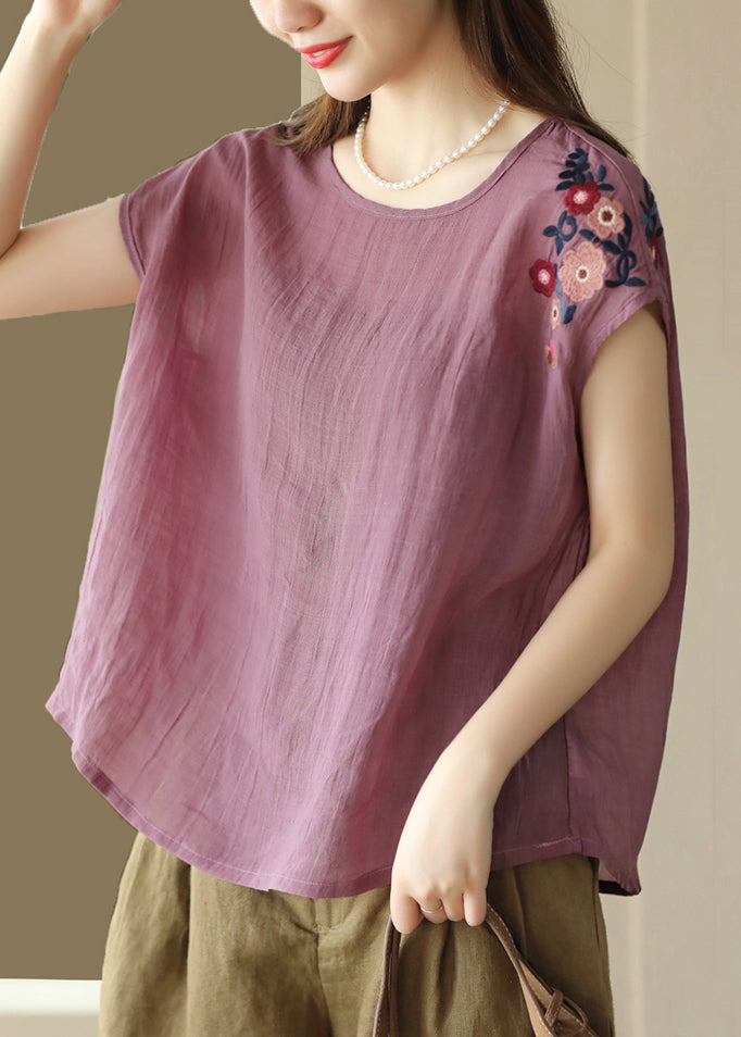 Loose Navy O Neck Embroidered Linen T Shirts Summer