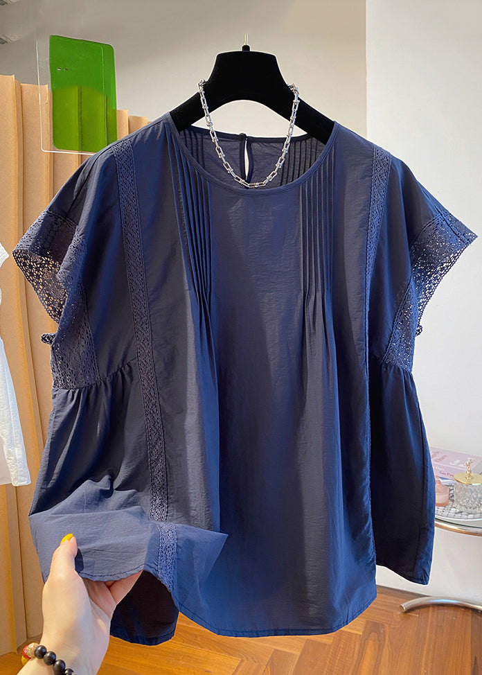 Loose Navy O Neck Hollow Out Cotton Shirt Summer