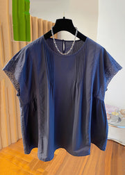 Loose Navy O Neck Hollow Out Cotton Shirt Summer
