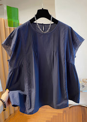 Loose Navy O Neck Hollow Out Cotton Shirt Summer