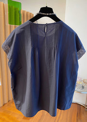 Loose Navy O Neck Hollow Out Cotton Shirt Summer