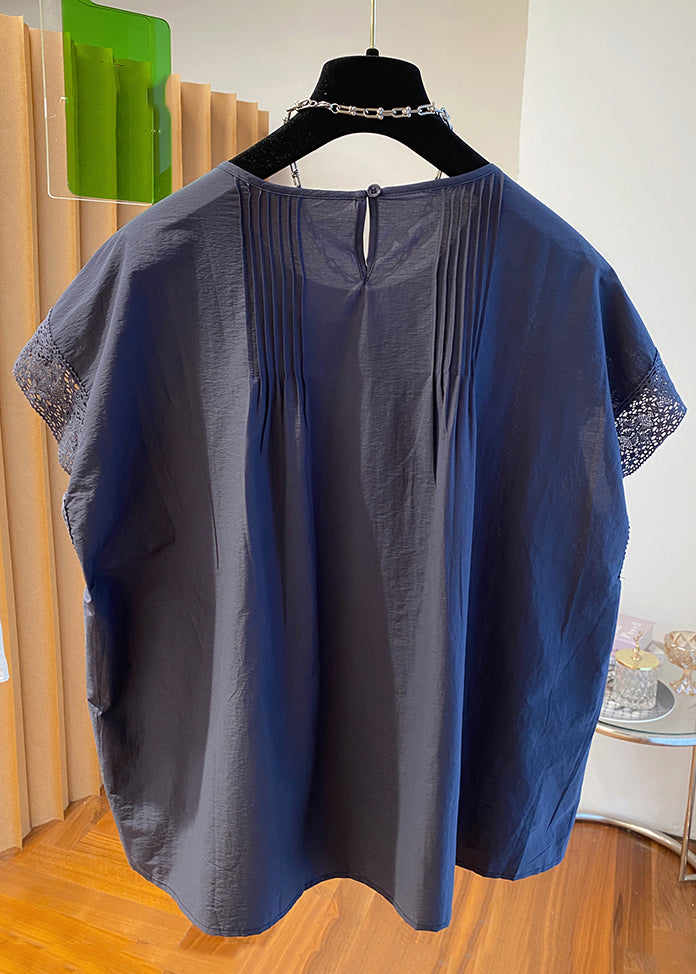 Loose Navy O Neck Hollow Out Cotton Shirt Summer