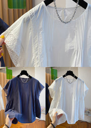 Loose Navy O Neck Hollow Out Cotton Shirt Summer