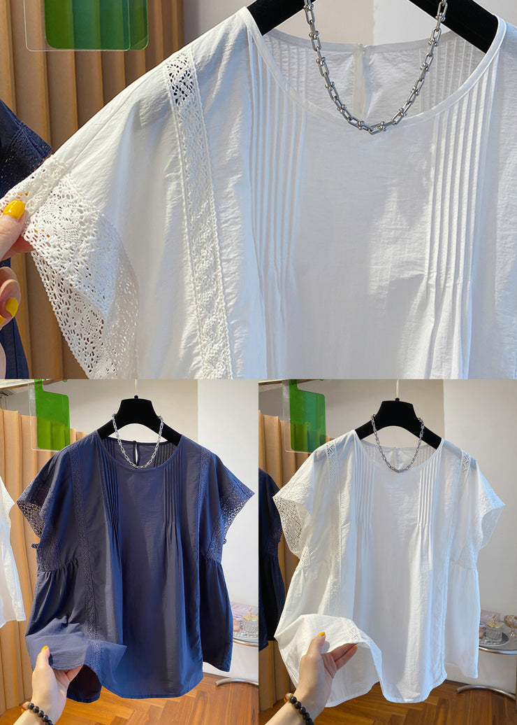 Loose Navy O Neck Hollow Out Cotton Shirt Summer