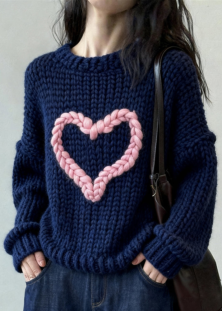 Loose Navy O Neck Loving Heart Cozy Knit Sweater Winter