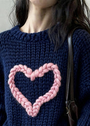 Loose Navy O Neck Loving Heart Cozy Knit Sweater Winter