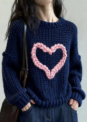 Loose Navy O Neck Loving Heart Cozy Knit Sweater Winter