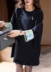 Loose Navy O Neck Patchwork Cotton T Shirts Fall