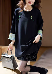 Loose Navy O Neck Patchwork Cotton T Shirts Fall