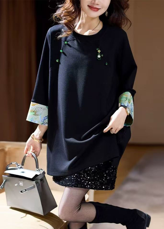 Loose Navy O Neck Patchwork Cotton T Shirts Fall