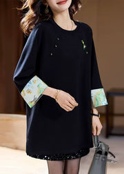 Loose Navy O Neck Patchwork Cotton T Shirts Fall