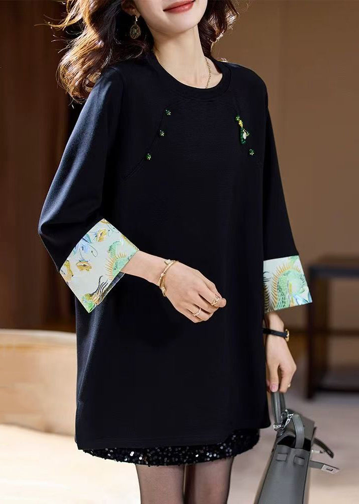 Loose Navy O Neck Patchwork Cotton T Shirts Fall