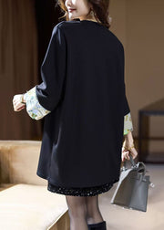 Loose Navy O Neck Patchwork Cotton T Shirts Fall
