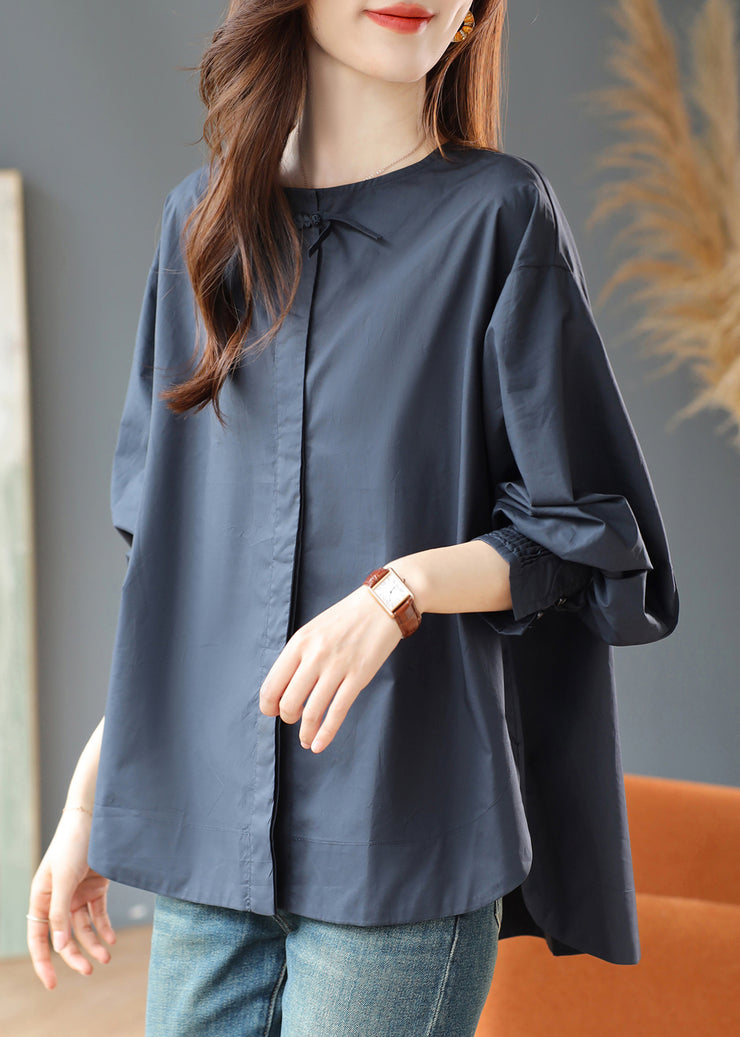 Loose Navy O Neck Side Open Cotton Blouse Fall