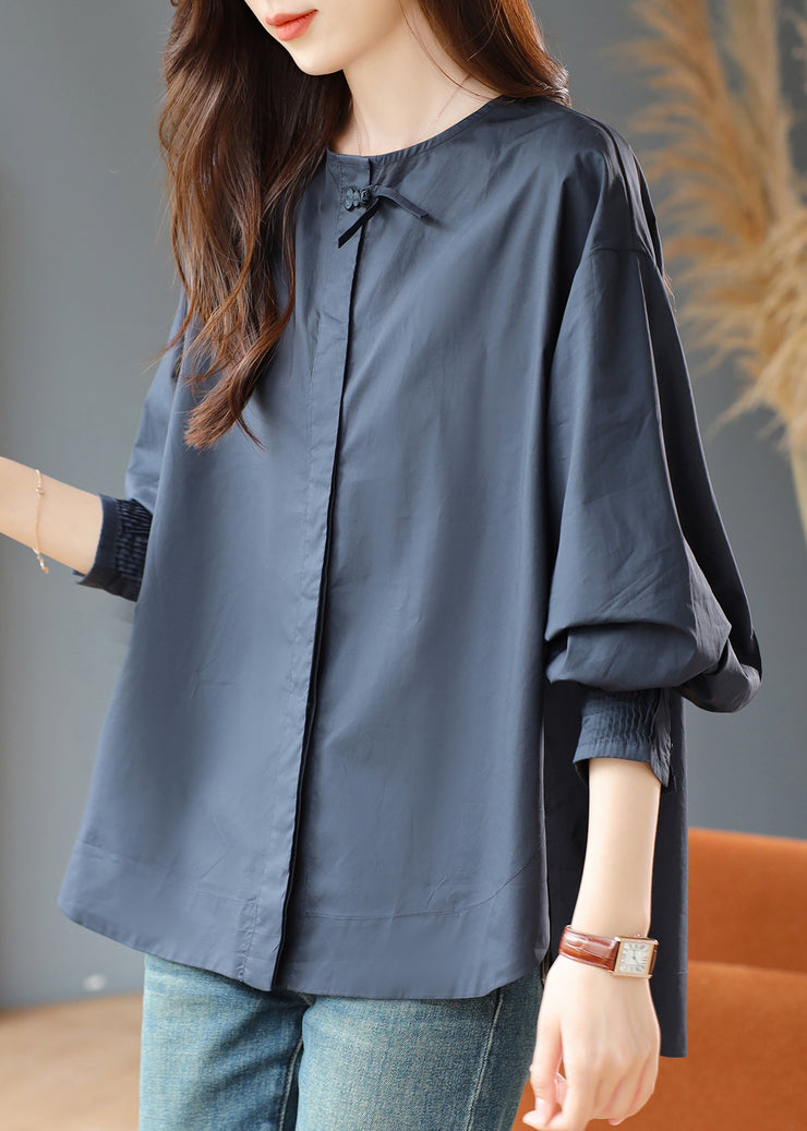 Loose Navy O Neck Side Open Cotton Blouse Fall