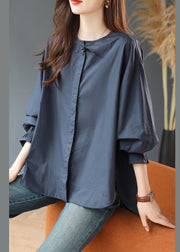 Loose Navy O Neck Side Open Cotton Blouse Fall