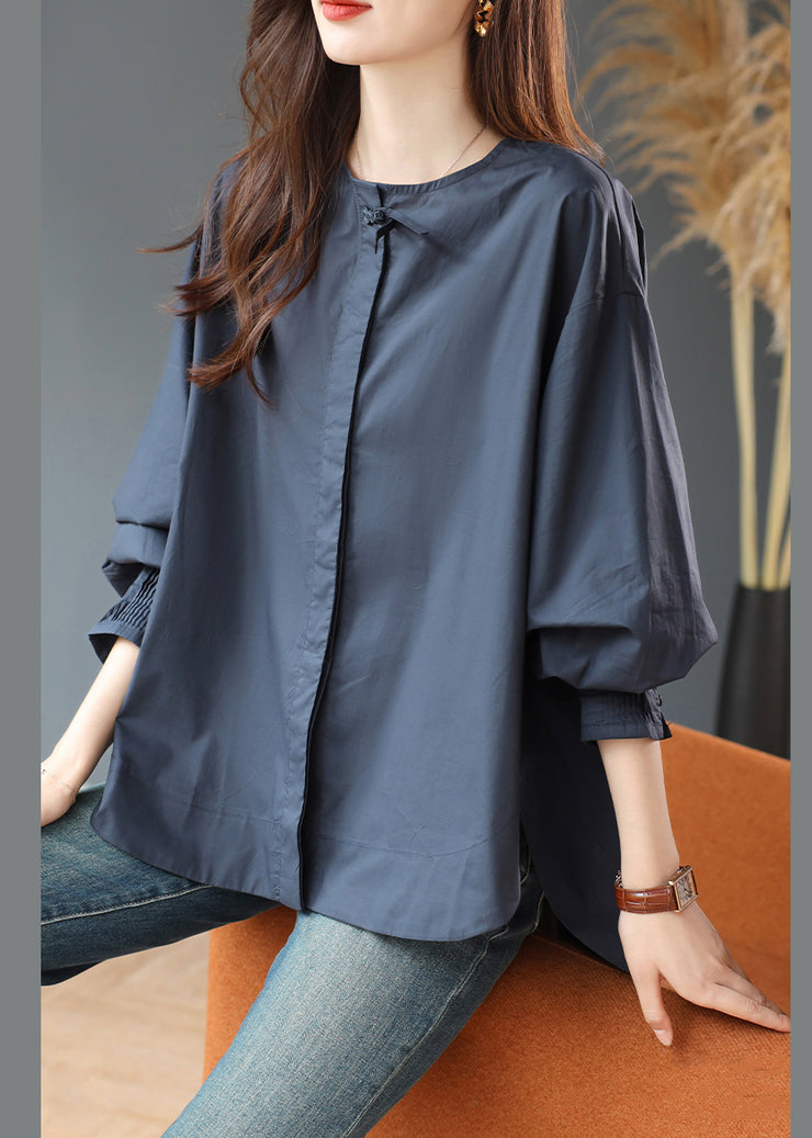Loose Navy O Neck Side Open Cotton Blouse Fall