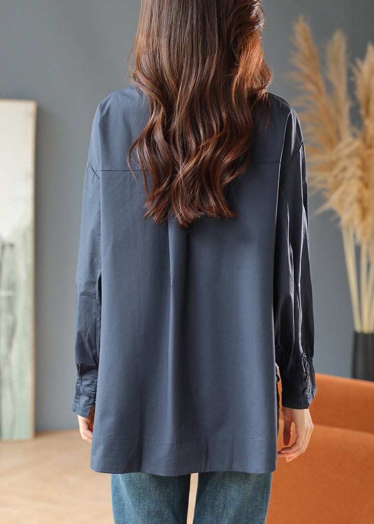 Loose Navy O Neck Side Open Cotton Blouse Fall