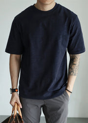 Loose Navy O Neck Solid Cotton Men T Shirt Summer