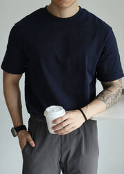 Loose Navy O Neck Solid Cotton Men T Shirt Summer