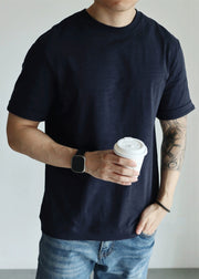 Loose Navy O Neck Solid Cotton Men T Shirt Summer