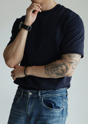 Loose Navy O Neck Solid Cotton Men T Shirt Summer