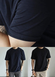 Loose Navy O Neck Solid Cotton Men T Shirt Summer