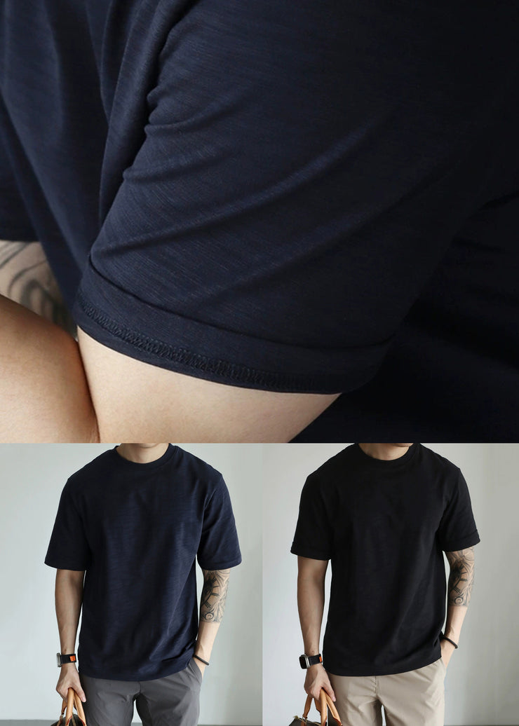 Loose Navy O Neck Solid Cotton Men T Shirt Summer