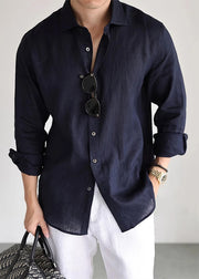 Loose Navy Peter Pan Collar Button Linen Worker Shirt Men Fall