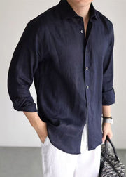 Loose Navy Peter Pan Collar Button Linen Worker Shirt Men Fall