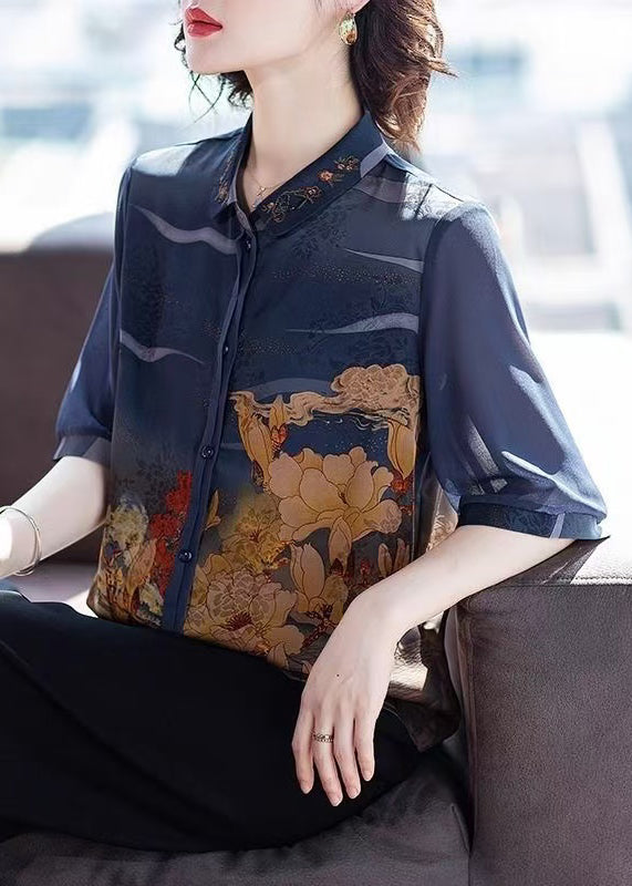 Loose Navy Peter Pan Collar Button Print Chiffon Shirt Half Sleeve