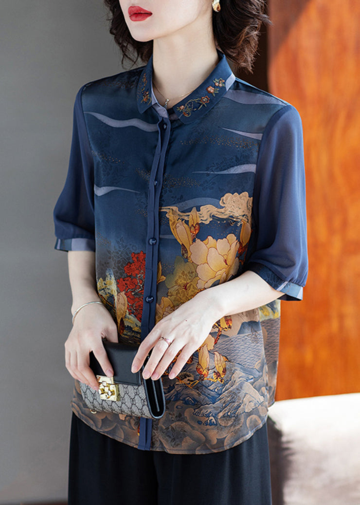 Loose Navy Peter Pan Collar Button Print Chiffon Shirt Half Sleeve