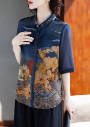 Loose Navy Peter Pan Collar Button Print Chiffon Shirt Half Sleeve