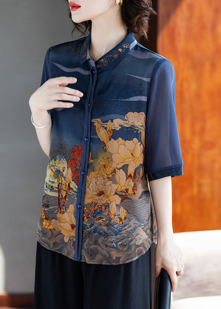 Loose Navy Peter Pan Collar Button Print Chiffon Shirt Half Sleeve
