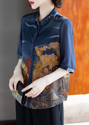Loose Navy Peter Pan Collar Button Print Chiffon Shirt Half Sleeve