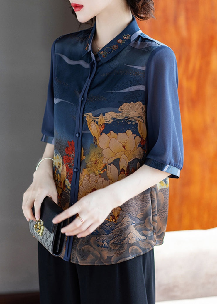 Loose Navy Peter Pan Collar Button Print Chiffon Shirt Half Sleeve