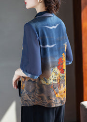 Loose Navy Peter Pan Collar Button Print Chiffon Shirt Half Sleeve