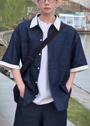 Loose Navy Peter Pan Collar Patchwork Denim Mens Shirts Summer